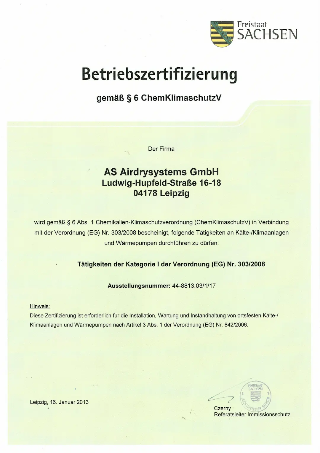Betriebszertifizierung nach § 6 ChemKlimaschutzV